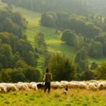 Shepherd watching over sheep in a green pasture, reflecting on Jehovah-Ra-Ah, the Lord our Shepherd who provides for His people.