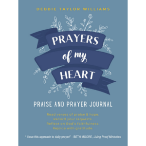 Prayers of My Heart Praise and Prayer Journal cover by Debbie Taylor Williams in blue with ribbon banner design and floral illustration