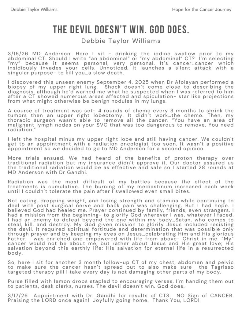 The Devil Doesn’t Win God Does by Debbie Taylor Williams shares a powerful cancer testimony of faith healing, perseverance, and God’s victory over illness