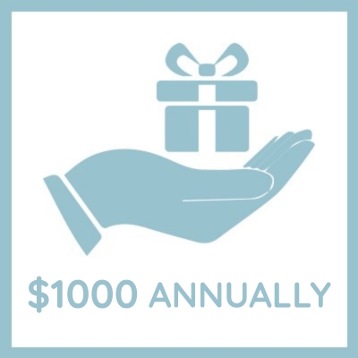 Donate $1,000 annually to Hill Country Ministries to help spread the love and Word of Jesus. Graphic shows a hand holding a gift icon above the text “$1,000 annually.”