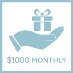 Donate $1,000 monthly to Hill Country Ministries to help spread the love and Word of Jesus. Graphic shows a hand holding a gift icon above the text “$1000 monthly.”
