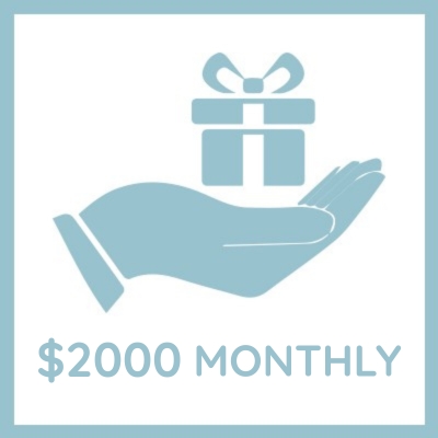 Donate $2,000 monthly to Hill Country Ministries to help spread the love and Word of Jesus. Graphic shows a hand holding a gift icon above the text “$2000 monthly.”