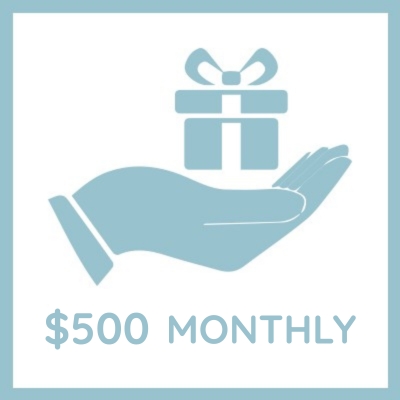 Donate $500 monthly to Hill Country Ministries to help spread the love and Word of Jesus. Graphic shows a hand holding a gift icon above the text “$500 monthly.”