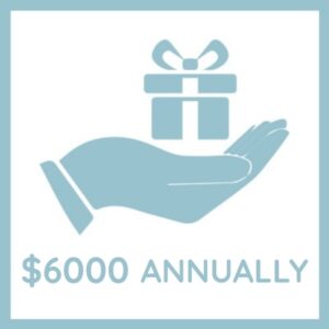 Donate $6,000 annually to Hill Country Ministries to help spread the love and Word of Jesus. Graphic shows a hand holding a gift icon above the text “$6,000 annually.”