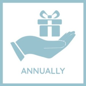 Donate any amount annually to Hill Country Ministries to help spread the love and Word of Jesus. Graphic shows a hand holding a gift icon above the text “annually.”