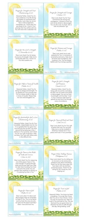 Free printable Hope for the Journey prayer cards with Scripture-based prayers for strength, courage, peace, hope, trust, patience, and comfort during difficult times. Cards feature a soft blue sky, sunshine, and flower design.